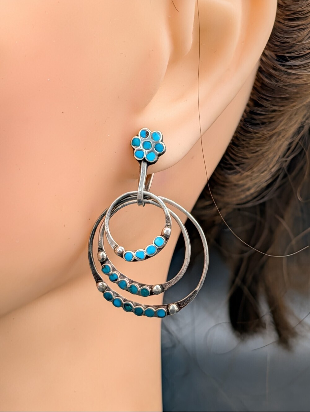 Vintage Silver Zuni Dishta Turquoise Inlay Dangle Screw Back Clip-On Earrings
